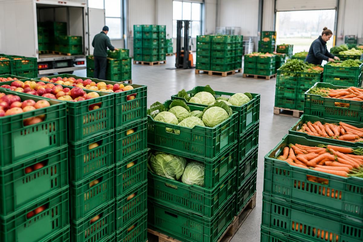 Illustrasjon av frukt- og grønnsakskasser på et distribusjonslager
